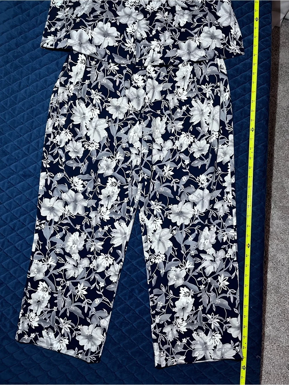 Women's Blue & White Floral Two Piece Set - Button Down Shirt + Loose Fit Pants